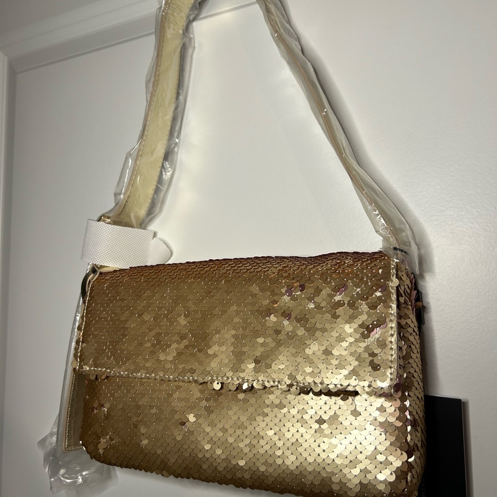 Nicole Miller Gold Sequin Chain Strap Crossbody Small Bag Purse Card Slots NWT